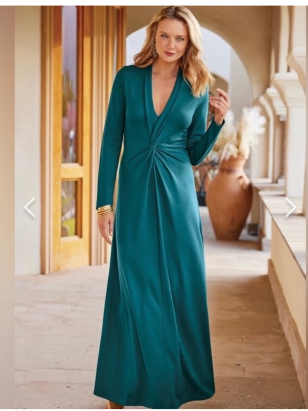 Soft Surroundings Lagia Maxi Dress Medium green Twist Front Long Sleeve Stretch